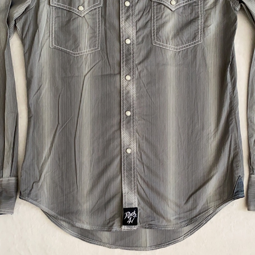 Rock 47 x Wrangler | Cotton Poplin Stripe Long Sleeve Western Pearl Snap Shirt S - Picture 4 of 16